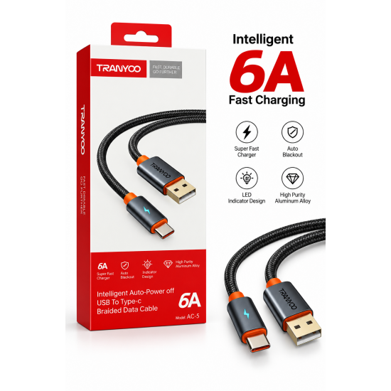 TRANYOO AC-5 Καλώδιο USB-A σε Type-C 6A Fast Charging Braided με LED & Auto Power-Off – Μαύρο/Πορτοκαλί