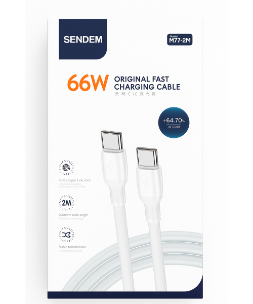 SENDEM M77 TYPE C/TYPE C 66W 2 M Καλώδιο Φόρτισης και Μεταφοράς Δεδομένων-λευκό