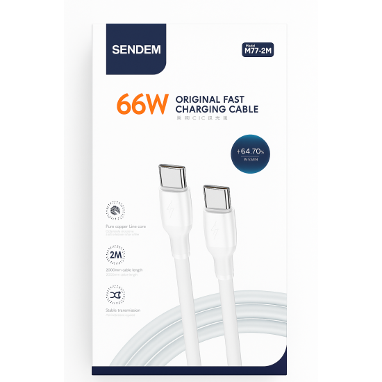 SENDEM M77 TYPE C/TYPE C 66W 2 M Καλώδιο Φόρτισης και Μεταφοράς Δεδομένων-λευκό SENDEM M77 TYPE C/TYPE C 66W 2 M Καλώδιο Φόρτισης και Μεταφοράς Δεδομένων-λευκό