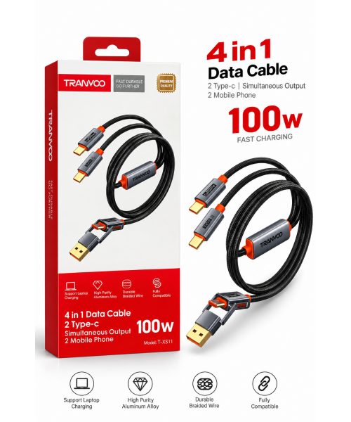 TRANYOO T-XS11 Καλώδιο 4-in-1 USB/Type-C σε 2x Type-C 100W Fast Charging & Data – Braided Μαύρο