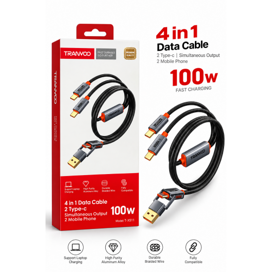 TRANYOO T-XS11 Καλώδιο 4-in-1 USB/Type-C σε 2x Type-C 100W Fast Charging & Data – Braided Μαύρο