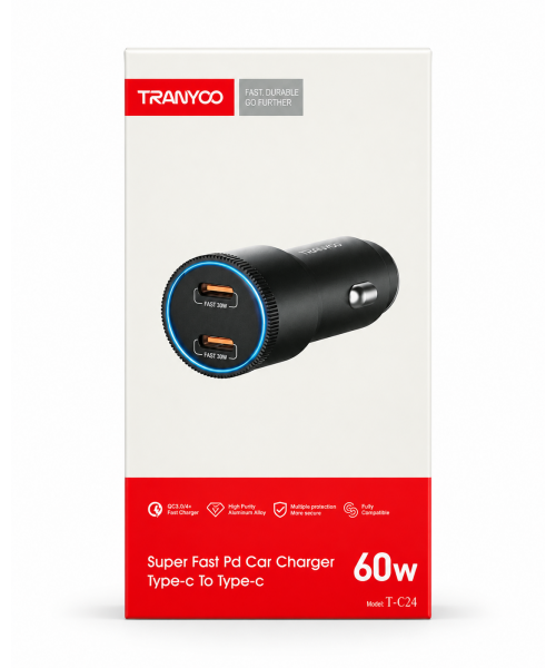 TRANYOO T-C24 Φορτιστής Αυτοκινήτου Dual USB-C PD 60W Fast Charge – Μαύρο