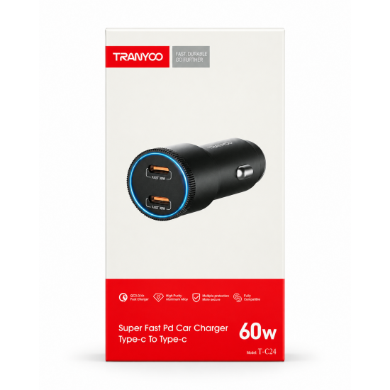 TRANYOO T-C24 Φορτιστής Αυτοκινήτου Dual USB-C PD 60W Fast Charge – Μαύρο