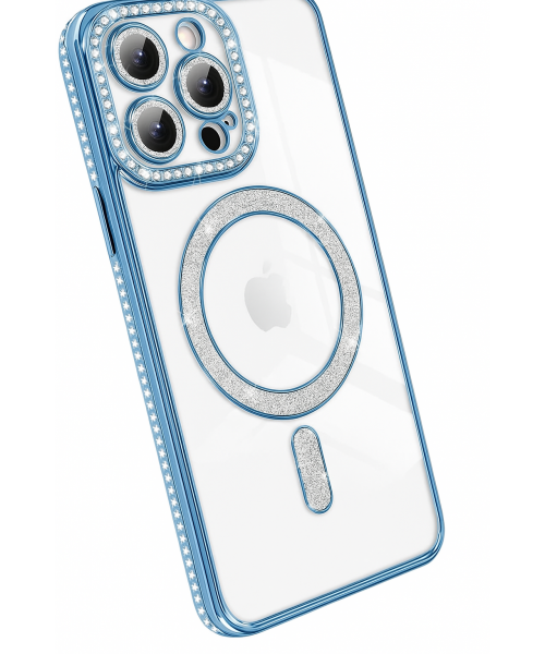 Θήκη Πολυτελείας με Κρύσταλλα για iPhone 13 pro max– Διαφανής με Μπλε Πλαίσιο