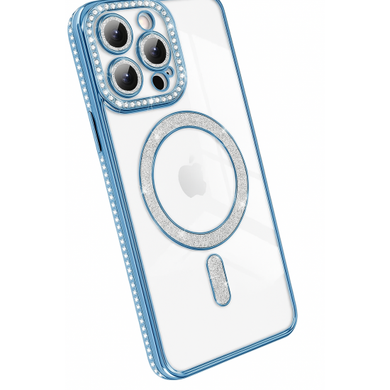 Θήκη Πολυτελείας με Κρύσταλλα για iPhone 13 pro– Διαφανής με Μπλε Πλαίσιο