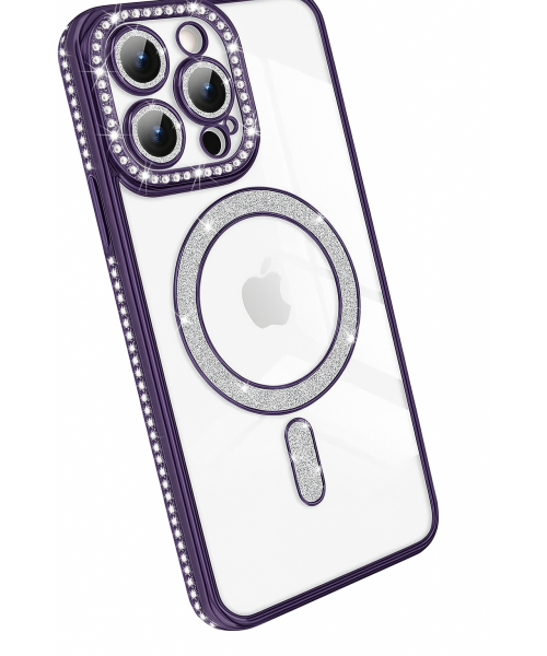 Θήκη Πολυτελείας με Κρύσταλλα για iPhone 14 pro – Διαφανής με Μώβ Πλαίσιο