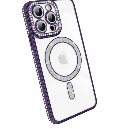 Θήκη Πολυτελείας με Κρύσταλλα για iPhone 14 pro – Διαφανής με Μώβ Πλαίσιο