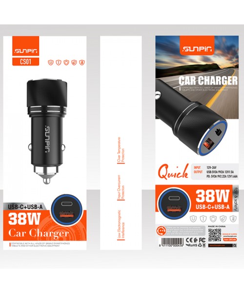 Sunpin CS-01 38W PD 3.0 Qualcomm Dual Usb Travel Car Charger With Lightning Cable - Black