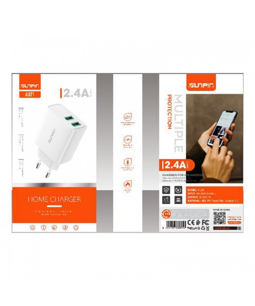 Sunpin SP21 Dual USB 2.4A Multiple Protection Fast Charger With Type C Cable - White