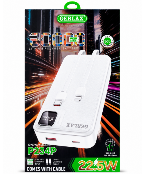 GERLAX P234P Power Bank 20000mAh 22.5W με Ενσωματωμένα Καλώδια Type-C & Lightning – Λευκό