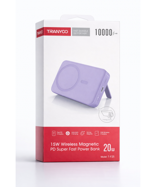 TRANYOO T-F25 Power Bank 10000mAh – Μαγνητική Ασύρματη Φόρτιση 15W με Βάση Στήριξης & PD 20W -Purple