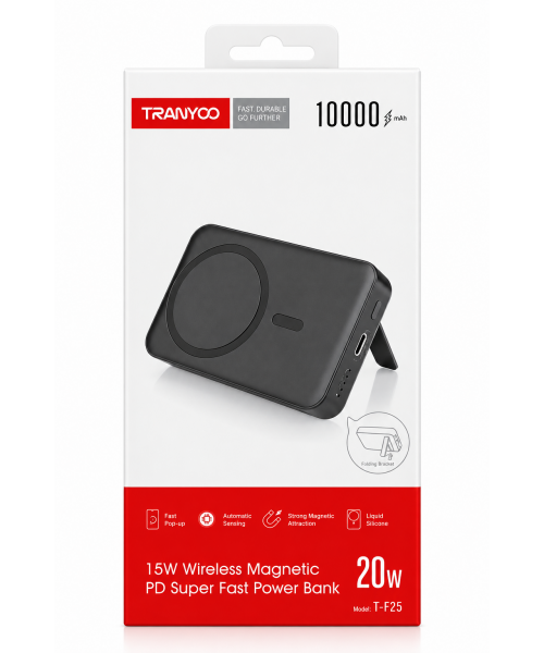 TRANYOO T-F25 Power Bank 10000mAh 20W PD με Μαγνητική Ασύρματη Φόρτιση 15W & Βάση Στήριξης Black