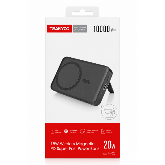 TRANYOO T-F25 Power Bank 10000mAh 20W PD με Μαγνητική Ασύρματη Φόρτιση 15W & Βάση Στήριξης Black