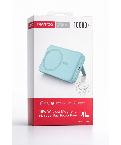 TRANYOO T-F25 Power Bank 10000mAh – Μαγνητική Ασύρματη Φόρτιση 15W με Βάση Στήριξης & PD 20W -Green