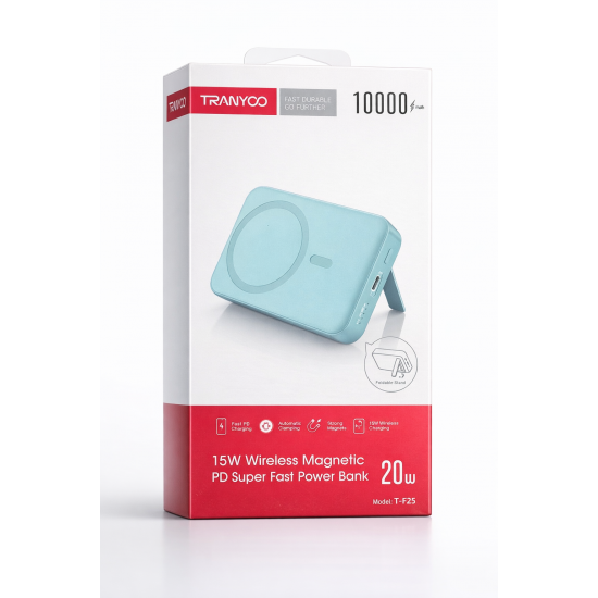 TRANYOO T-F25 Power Bank 10000mAh – Μαγνητική Ασύρματη Φόρτιση 15W με Βάση Στήριξης & PD 20W -Green