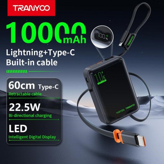 TRANYOO T-LI Power Bank 10000mAh 22.5W με Ενσωματωμένα Καλώδια Lightning & Type-C και LED Display