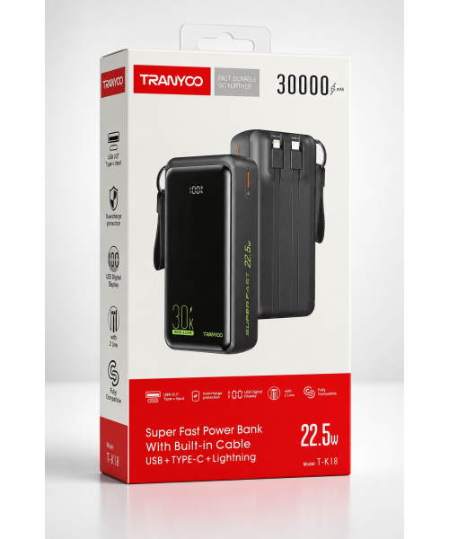 TRANYOO T-K18 Power Bank 30000mAh Super Fast Charge 22.5W με Ενσωματωμένα Καλώδια USB, Type-C & Lightning – Μαύρο