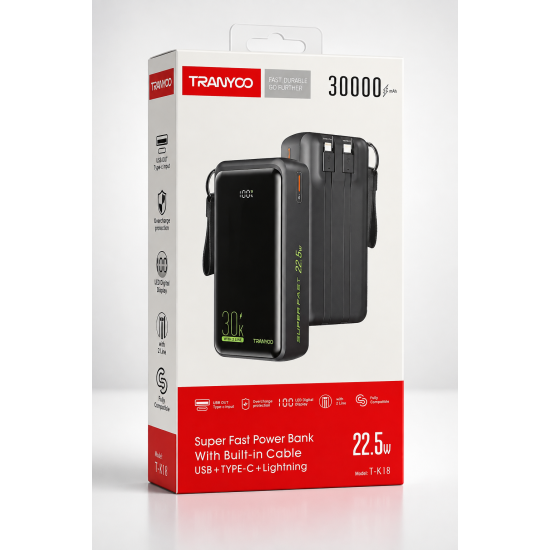TRANYOO T-K18 Power Bank 30000mAh Super Fast Charge 22.5W με Ενσωματωμένα Καλώδια USB, Type-C & Lightning – Μαύρο