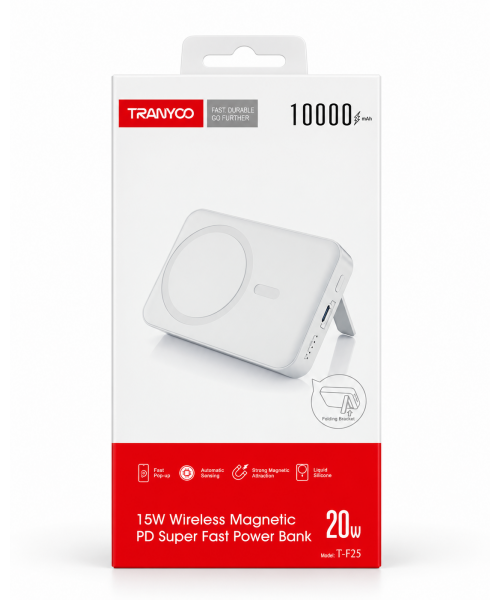 TRANYOO T-F25 Power Bank 10000mAh 20W PD με Μαγνητική Ασύρματη Φόρτιση 15W & Βάση Στήριξης white