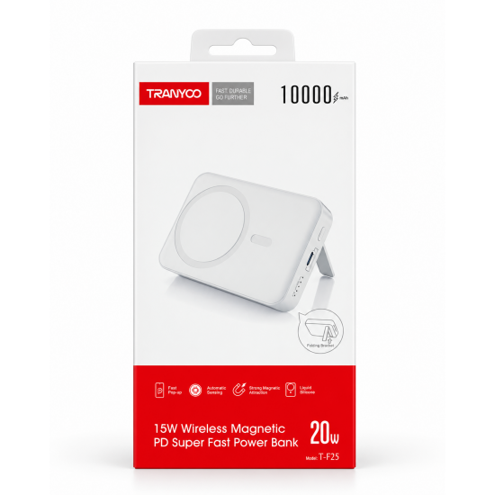 TRANYOO T-F25 Power Bank 10000mAh 20W PD με Μαγνητική Ασύρματη Φόρτιση 15W & Βάση Στήριξης white