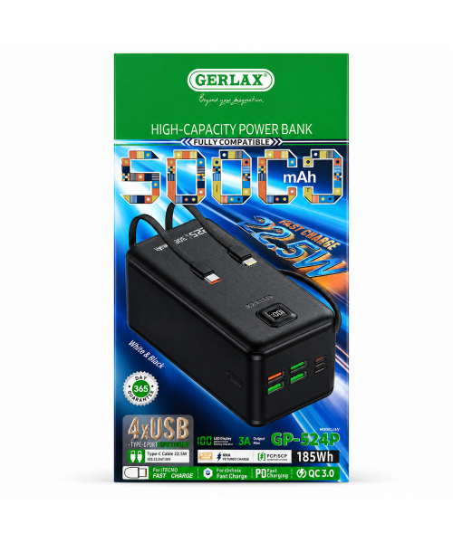GERLAX GP-524P Power Bank 50000mAh 22.5W Fast Charge με 4 USB, Type-C & LED Display