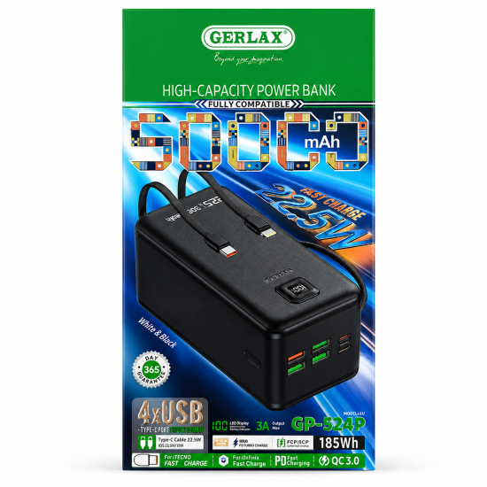 GERLAX GP-524P Power Bank 50000mAh 22.5W Fast Charge με 4 USB, Type-C & LED Display