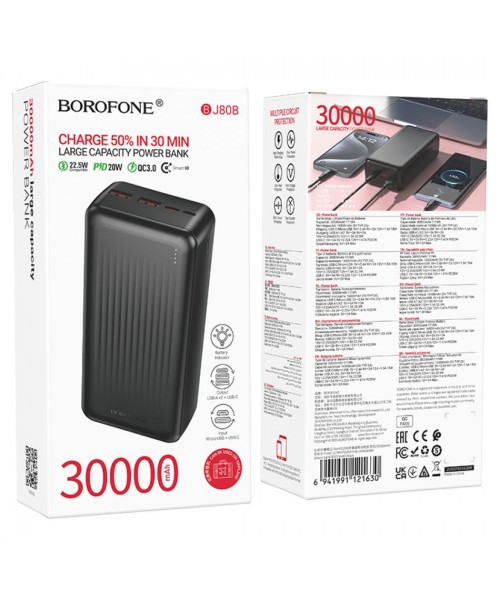 Borofone BJ80B Clever 2xUSB + Type C QC 3.0 22,5W PD 20W Power Bank Εξωτερική Μπαταρία 30000mAh - Black