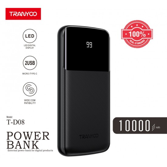 Tranyoo T-D08 Power Bank 10000mAh με Ψηφιακή LED Ένδειξη – Μαύρο